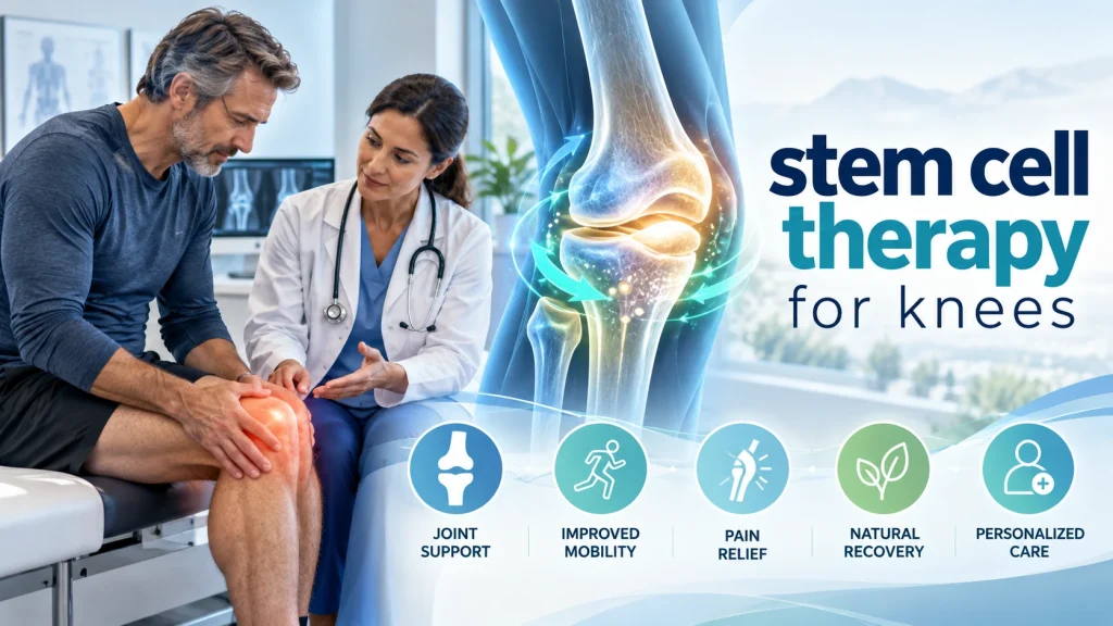 Man discussing knee pain with a doctor, alongside detailed knee joint imagery and icons for joint support, improved mobility, pain relief, natural recovery, and personalized care, with text reading “Stem Cell Therapy for Knees.”