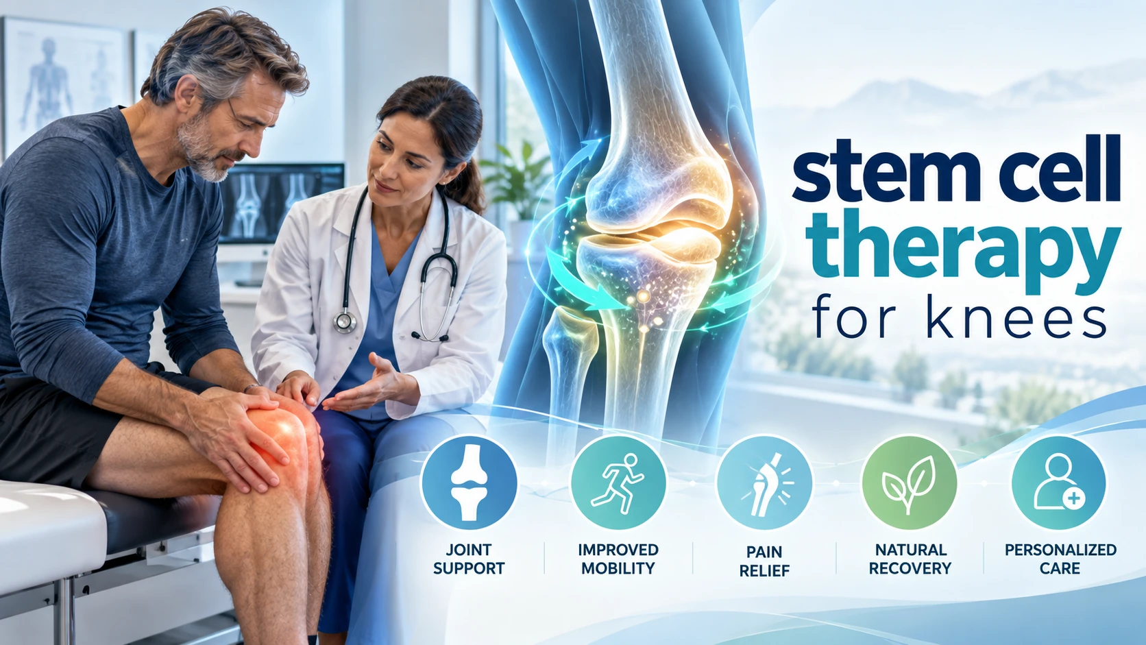 Man discussing knee pain with a doctor, alongside detailed knee joint imagery and icons for joint support, improved mobility, pain relief, natural recovery, and personalized care, with text reading “Stem Cell Therapy for Knees.”