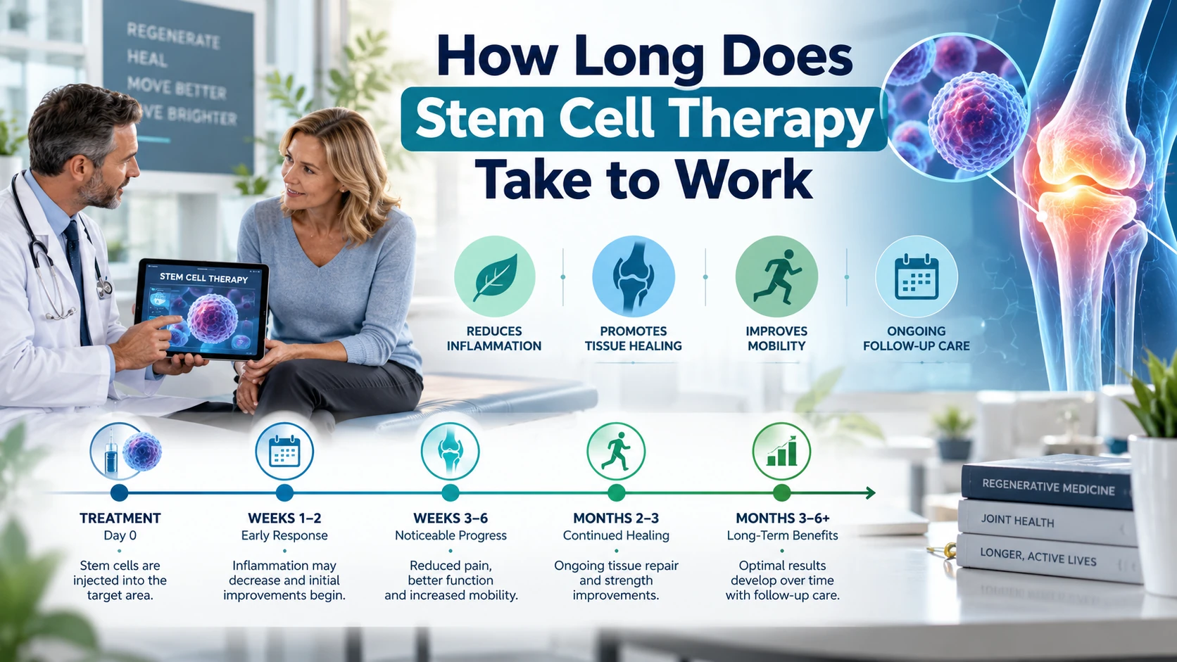 Doctor discussing stem cell therapy with a patient, alongside knee joint imagery and a treatment timeline showing early response, healing, mobility improvements, and longer-term progress, with text reading “How Long Does Stem Cell Therapy Take to Work?”