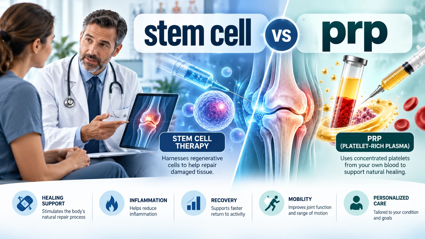 Doctor discussing knee treatment options with a patient, alongside a comparison of stem cell therapy and PRP using knee joint, stem cell, and platelet-rich plasma imagery, with text reading “Stem Cell vs PRP.”